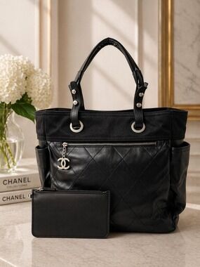Authentic Chanel Black Quilted Leather Tote CC Charm Luxury Shoulder Bag